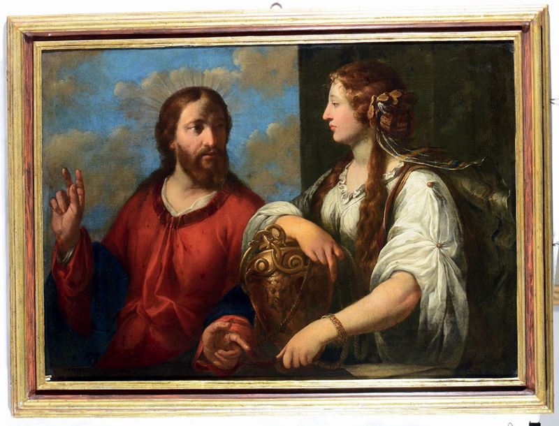 Pittore veneto del XVII secolo Cristo e la Samaritana al pozzo  - Asta Dipinti Antichi - Cambi Casa d'Aste
