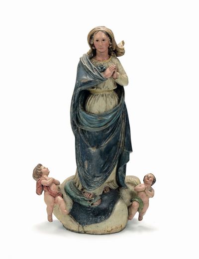 Scultura in Legno Dipinto Raffigurante Madonna con Angeli, Genova XVIII Secolo