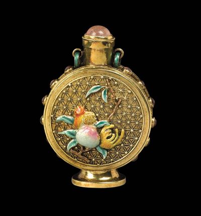 Snuff Bottle in Oro con Innesti di Pietre Dure e Smalti, Cina, Repubblica, XX Secolo