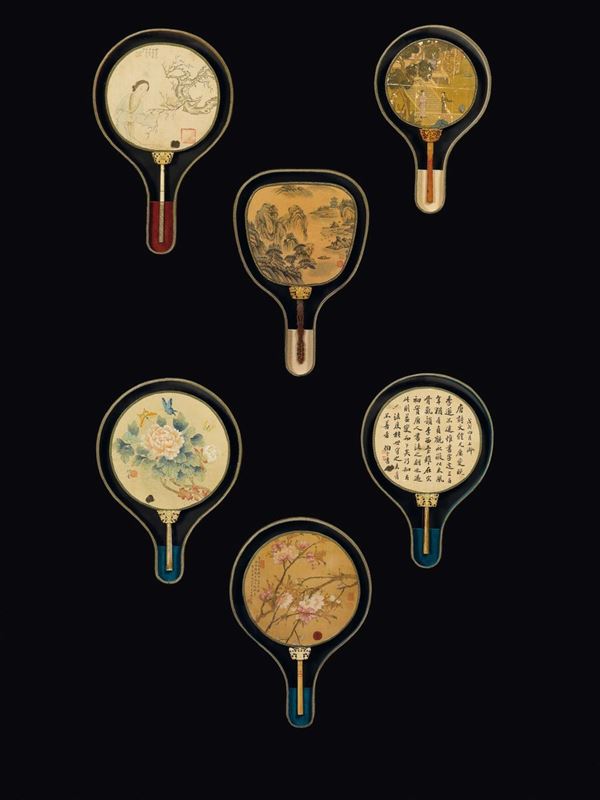 Six painted paper fans with landscapes, figures, floral decorations and inscriptions, China, Qing Dynasty, 18th/19th century