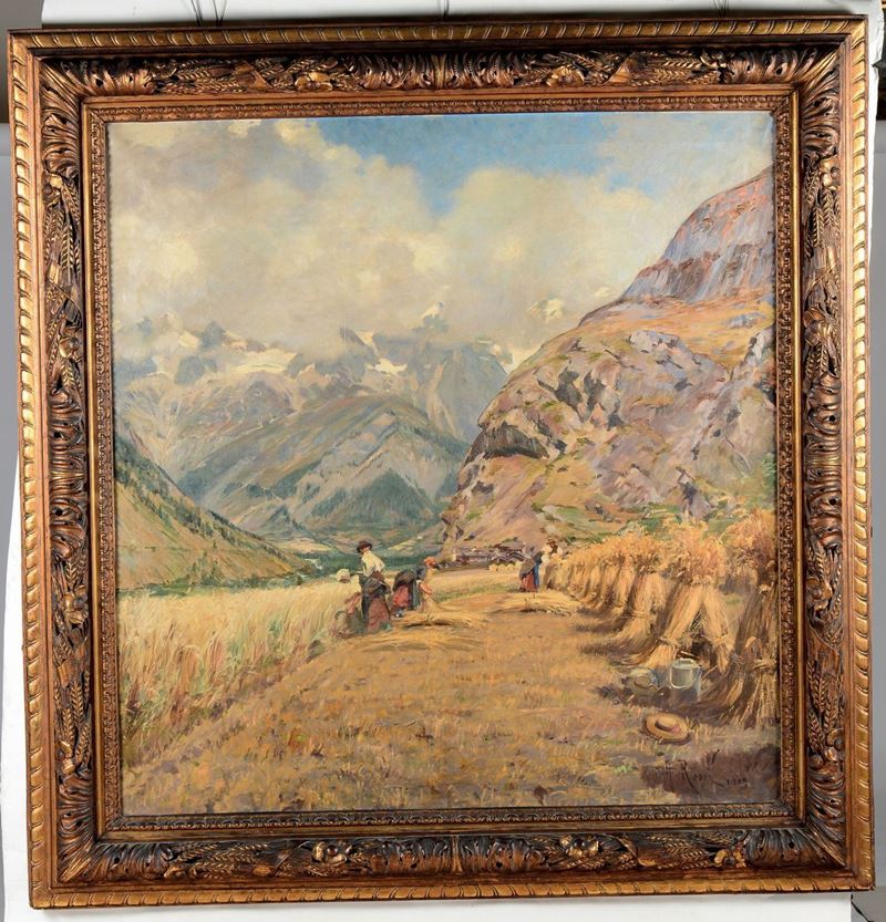 Alberto Rossi (1858-1936) Mietitura nella Valle d’Aosta  - Asta Dipinti del XIX e XX secolo - Cambi Casa d'Aste