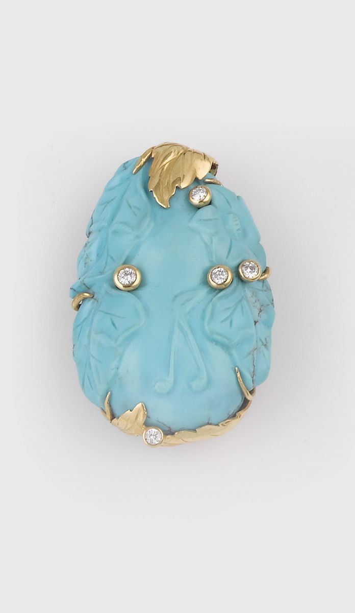 A diamond and carved turquoise brooch  - Auction Jewels - II - Cambi Casa d'Aste