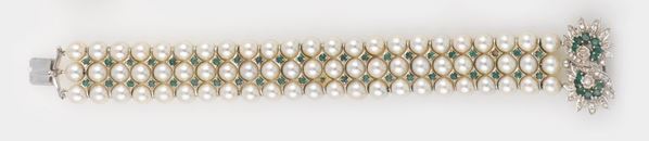 A pearl, diamond and emerald bracelet