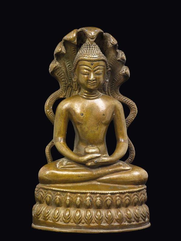 Figura di Buddha in bronzo protetto dal cobra Naga seduto su doppio fiore di loto, Nepal, XIX secolo
