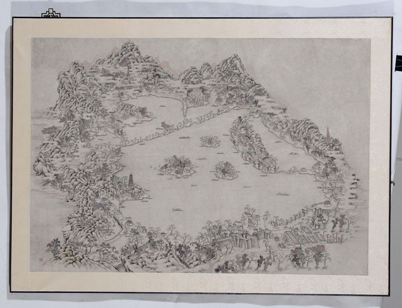 Dipinto su carta raffigurante il lago dell' Ovest, Cina, Dinastia Qing, XVIII secolo  - Asta Fine Chinese Works of Art - Cambi Casa d'Aste