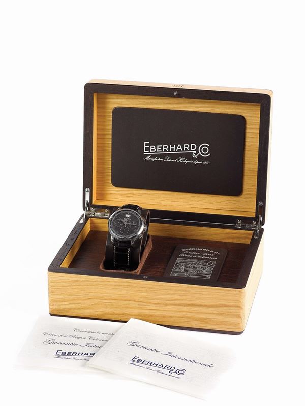 EBERHARD&Co., Extra-Fort, Roue a Colonnes, case No. 0770, Ref. 31046, water resistant, self-winding, stainless steel wristwatch with square button chronograph, registers, big date, tachometer and a stainless steel Eberhard & Co. buckle. Accompanied by fitted box and an Eberhard & Co. warranty, sold in 2011