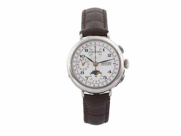 EBERHARD&Co., Chronographe 1887, orologio da polso, in silver, con tripla calendario, indicazione delle 24 ore e fasi lunari. Realizzato nel 1990 circa