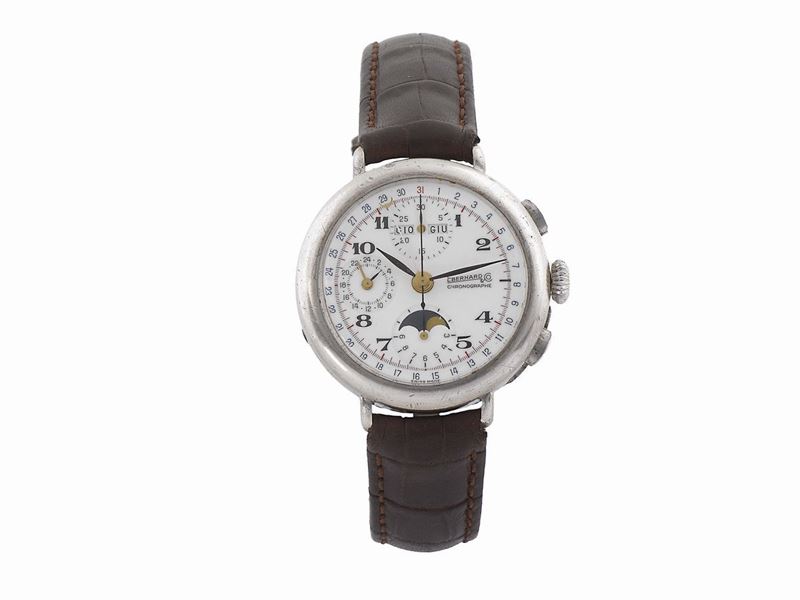 EBERHARD&Co., Chronographe 1887, astronomic, sterling silver wristwatch with oval button chronograph, registers, triple date, 24 hours display and moon phases. Made in the 1990's  - Auction Watches and Pocket Watches - Cambi Casa d'Aste