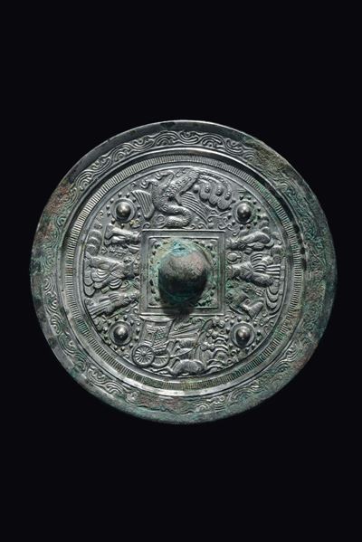 Specchio Bo Ju in Bronzo Sbalzato, Cina, Dinastia Han (206 a.C.- 220 D.C.)