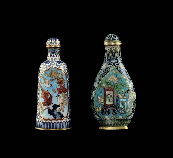 Two cloisonné enamel snuff bottles, China, Qing Dynasty, 19th century