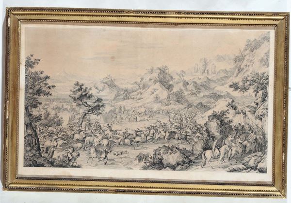 Due incisioni di Giuseppe Castglione raffiguranti scene di battaglia, XVIII secolo