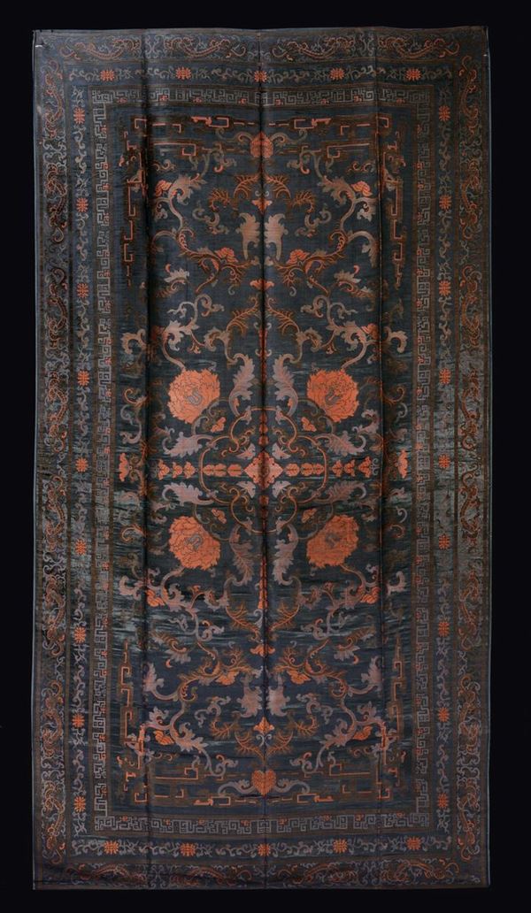 A silk cloth embroidered with floral and geometrical decoration, China, Qing Dynasty, 19th century