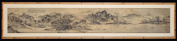 Dipinto su seta raffigurante paesaggio lacustre con barche ed iscrizione, Cina, Dinastia Qing, XIX secolo