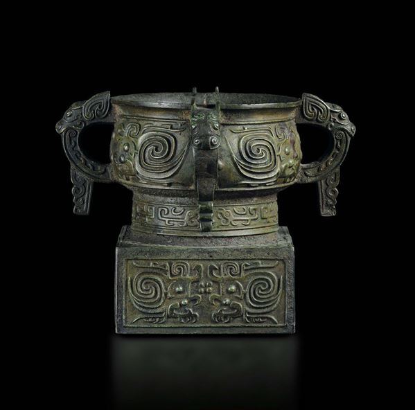 A four-handeled bronze censer with inscription inside, China, Ming Dynasty, 17th century