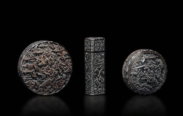 Three carved tortoiseshell boxes and cover with landscapes and figures, China, Canton, Qing Dynasty, 19th century