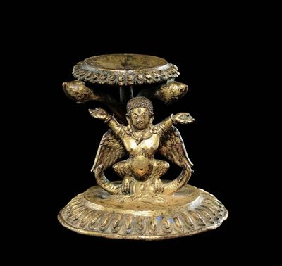 Rara Alzatina Brucia Incenso in Bronzo Dorato, Tibet, XIV Secolo