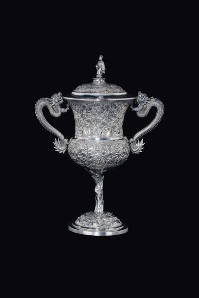 Vaso con Coperchio in Argento con Manici a Guisa di Draghi, Cina, Dinastia Qing, XIX Secolo
