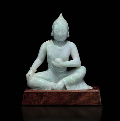 Figura di Buddha Seduto in Giadeite con Coppa tra le Mani, Cina, XX Secolo