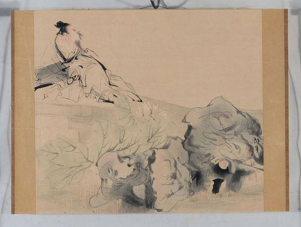 Dipinto su carta raffigurante saggio con firma dell'autore Bo Nian, Cina, Dinastia Qing, XIX secolo