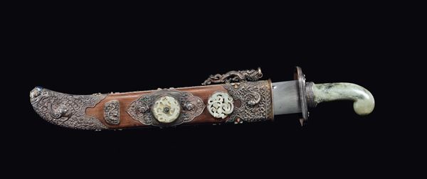 A dagger with handle and scappard with white jade and semi-precious stone inlays, China, Qing Dynasty,  [..]