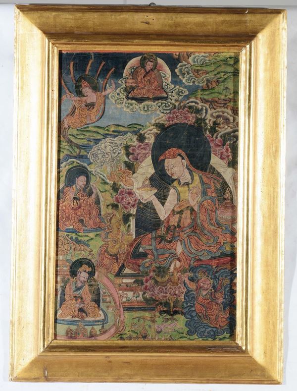 Tanka raffigurante sei divinità incollato su tela, Tibet, XVII secolo