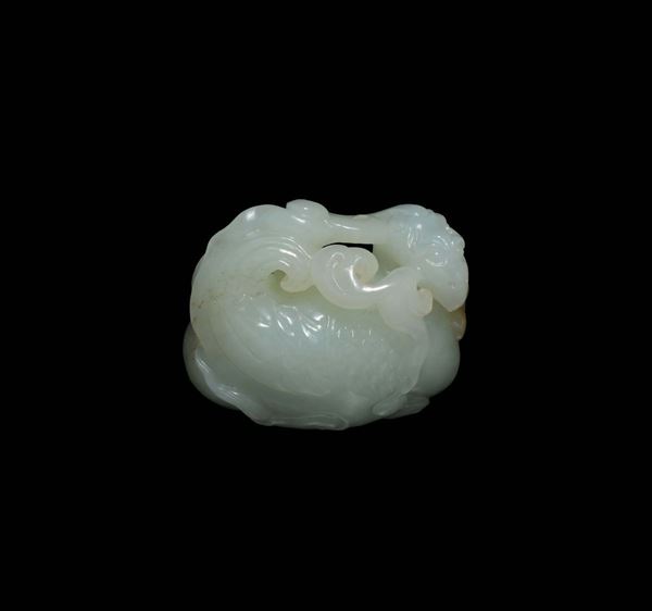 A small white jade phoenix with branch in its beak group, China, Qing Dynasty, 18th century