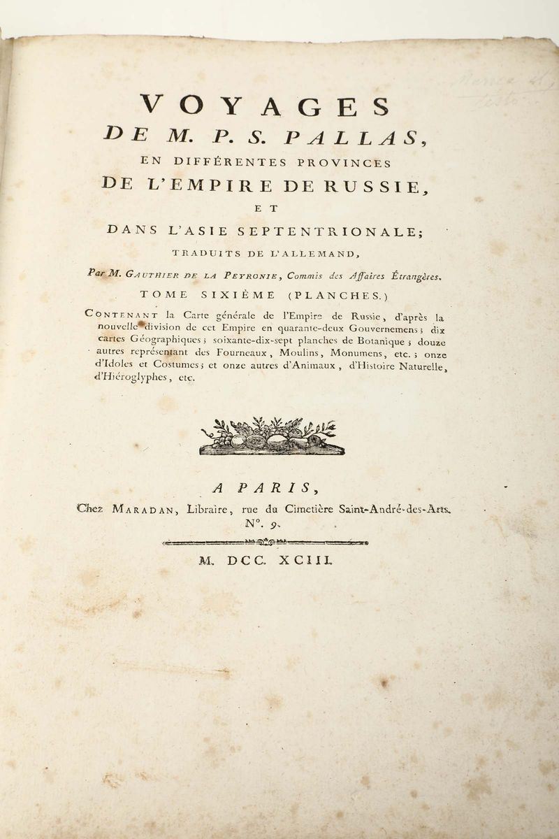  Voyages de M.P.S. Pallas..., Paris, Maradan, 1793, solo tomo sesto (planches)  - Auction Old and Rare Books - Cambi Casa d'Aste
