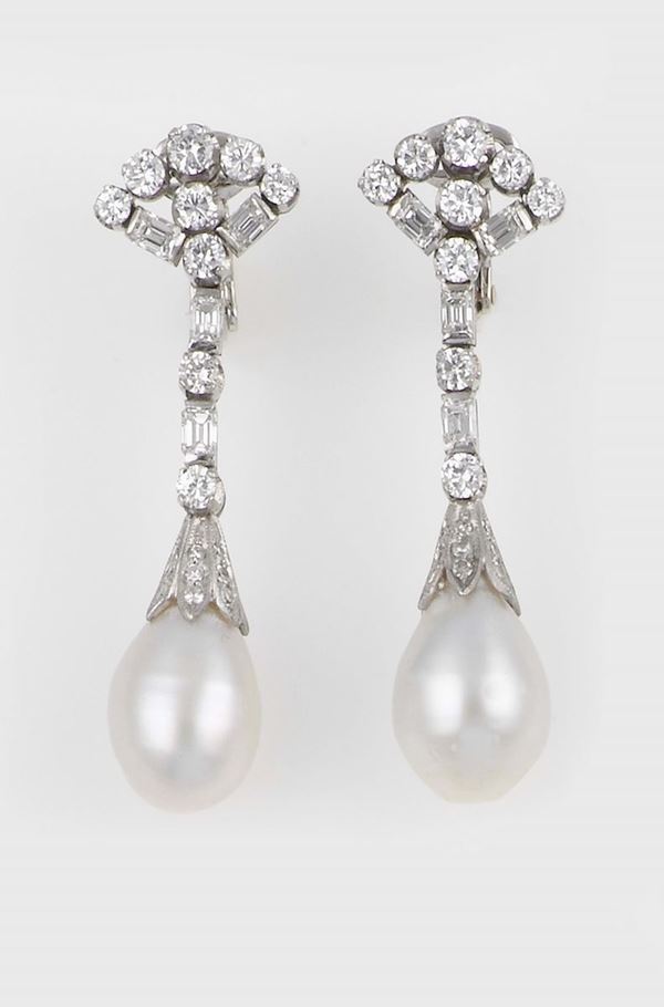 A pair of diamond and pearl pendent earrings