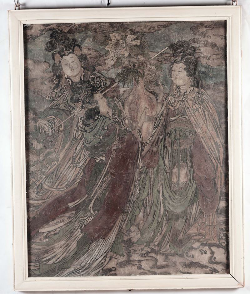Affresco policromo raffigurante tre Guanyin, Cina, Dinastia Tang (618-906)  - Asta Fine Chinese Works of Art - Cambi Casa d'Aste