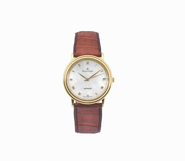 BLANCPAIN, “Mother of Pearl, No. 79, thin, self-winding, 18K yellow gold wristwatch with date and an  18K yellow gold Blancpain buckle. Accompanied by the original box and Guarantee. Made circa 1990