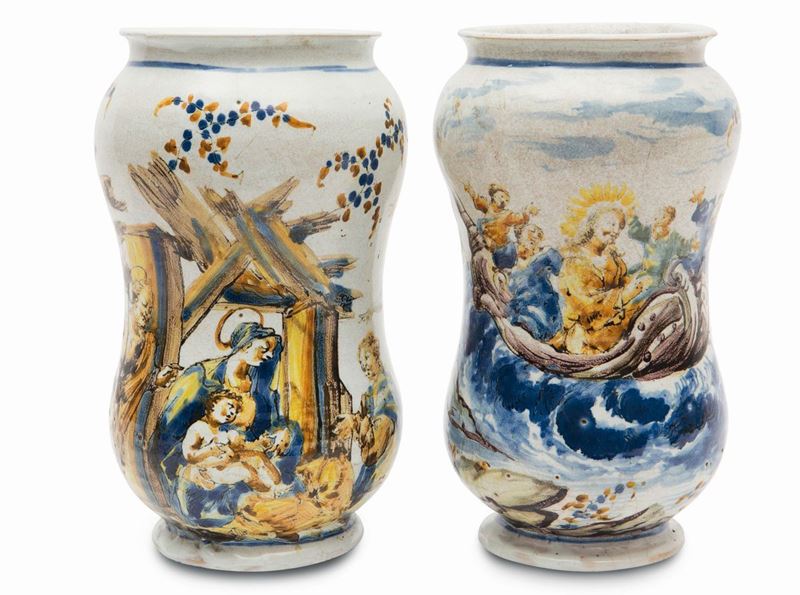 Coppia di albarelli Savona, bottega del XVIII secolo  - Asta Maioliche e porcellane dal XVI al XIX secolo - Cambi Casa d'Aste