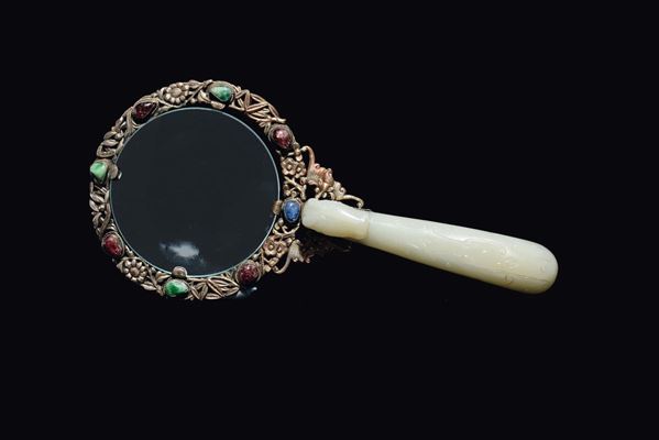 A magnifying glass with white jade handle and semi-precious stones inlays, China, Qing Dynasty, 19th century