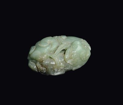 Gruppo in Giada Celadon Raffigurante Due Arieti, Cina, XX Secolo