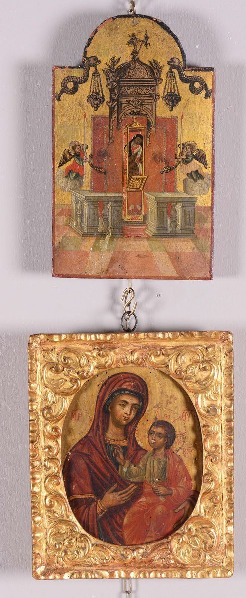 Lotto di due icone in legno, XIX secolo