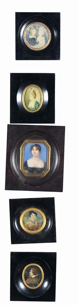 Gruppo di cinque miniature, XIX secolo