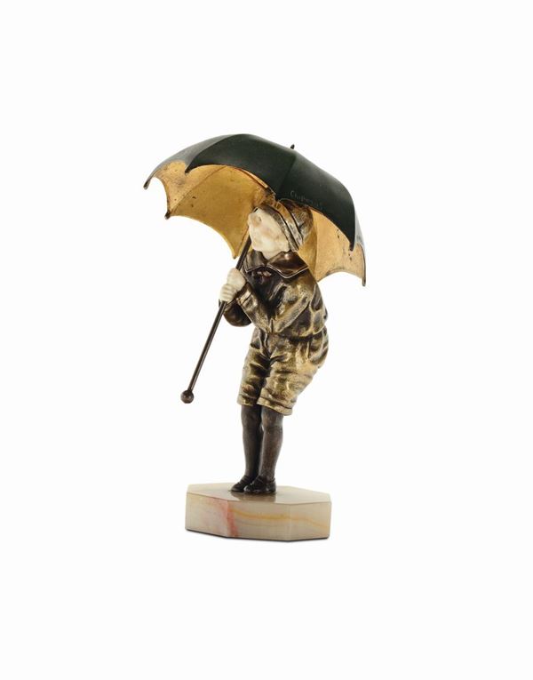 Dimitri Chiparus (1886-1947), Francia, 1930 ca Giovane fanciulla con ombrello