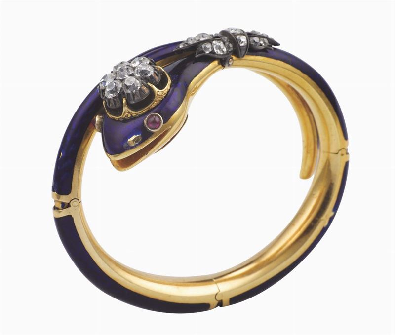 An enamel and diamond bangle. Fitted case  - Auction Fine Jewels - I - Cambi Casa d'Aste