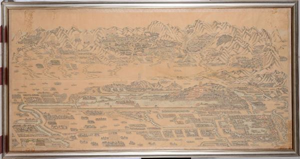 Dipinto su carta raffigurante veduta aerea della Città Proibita con iscrizioni, Cina, Dinastia Qing, XIX secolo