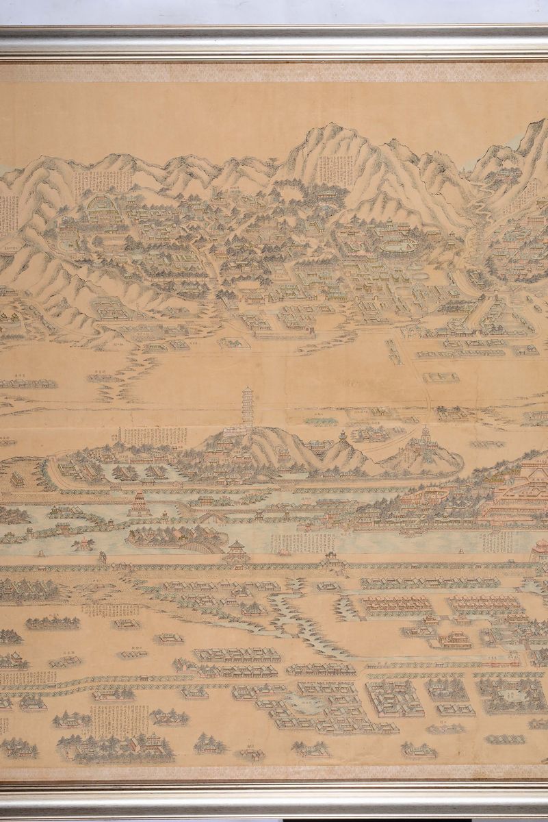 Dipinto su Carta Raffigurante Veduta Aerea della Città Proibita con Iscrizioni, Cina, Dinastia Qi...
