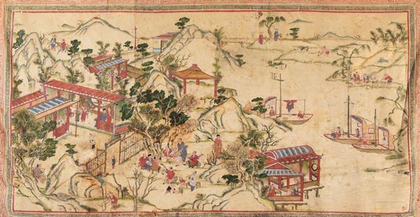 Dipinto su cuoio raffigurante scena di vita di comune entro paesaggio fluviale, Cina, Dinastia Qing, XIX secolo