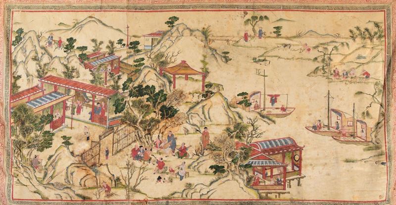 Dipinto su cuoio raffigurante scena di vita di comune entro paesaggio fluviale, Cina, Dinastia Qing, XIX secolo  - Asta Chinese Works of Art - Cambi Casa d'Aste