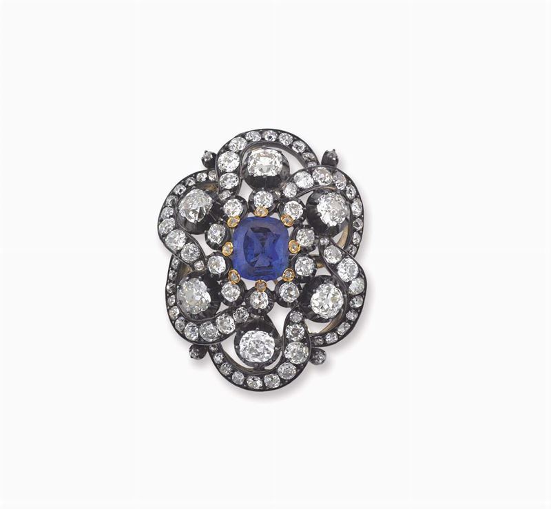 A sapphire, diamond and silver brooch  - Auction Fine Jewels - I - Cambi Casa d'Aste