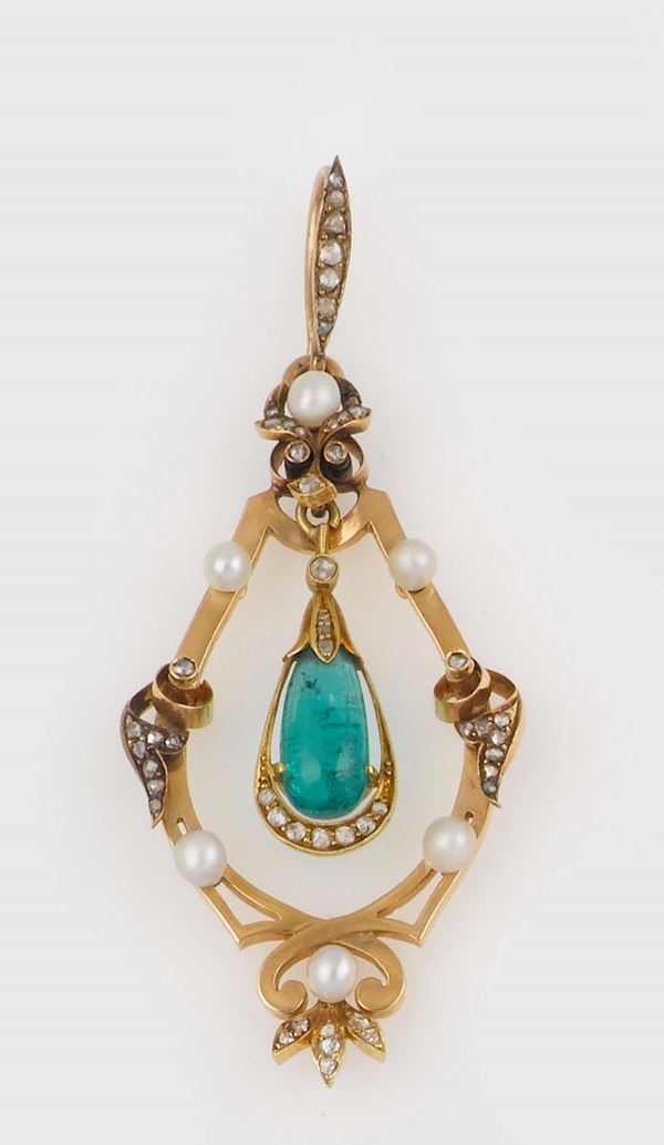 A gold, pearl and emerald pendant