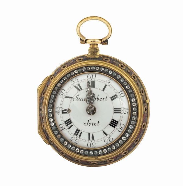 Jean Robert Soret, Geneva, extremely fine and very rare, center-seconds, 18K gold and painted on enamel pocket watch. Made circa 1790