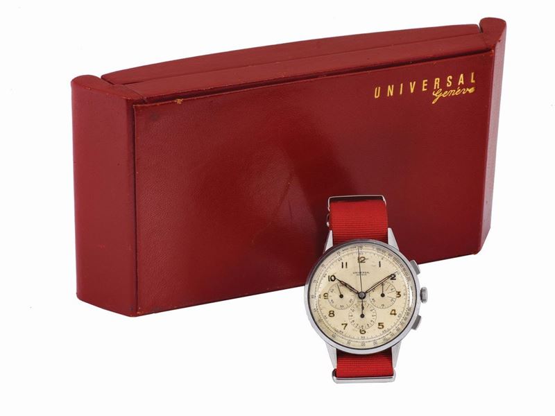 UNIVERSAL, GENEVE, “Compax”, No. 378111, Ref. 22531, rare and  large stainless “Enversteel” wristwatch with square button chronograph, registers and tachometer. Accompanied by the original box. Made circa 1940  - Auction Watches and Pocket Watches - Cambi Casa d'Aste