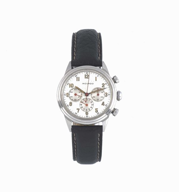 MOVADO, water-resistant, stainless steel wristwatch with round button chronograph and registers. Made circa 1950