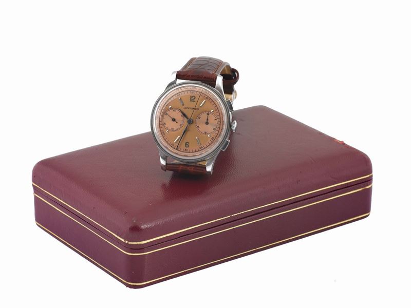 LONGINES, Cal. 13ZN , Retour en Vol Chronograph, movement No. 6313533, rare, stainless steel wristwatch with square button, “Retour en Vol” chronograph, register and tachometer and original Longines buckle. Accompanied by the original box. Made circa 1950  - Auction Watches and Pocket Watches - Cambi Casa d'Aste