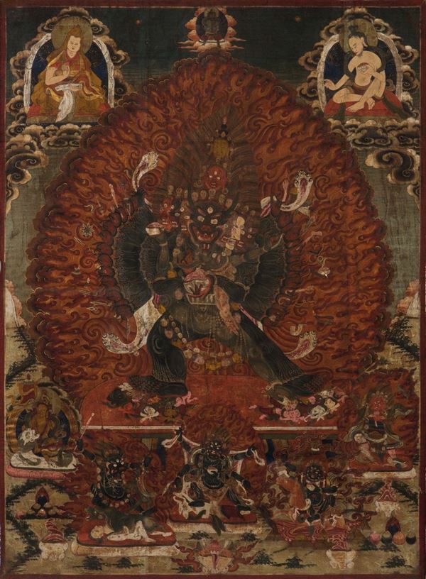 Tanka incorniciato raffigurante nove divinità, Tibet, XVIII secolo