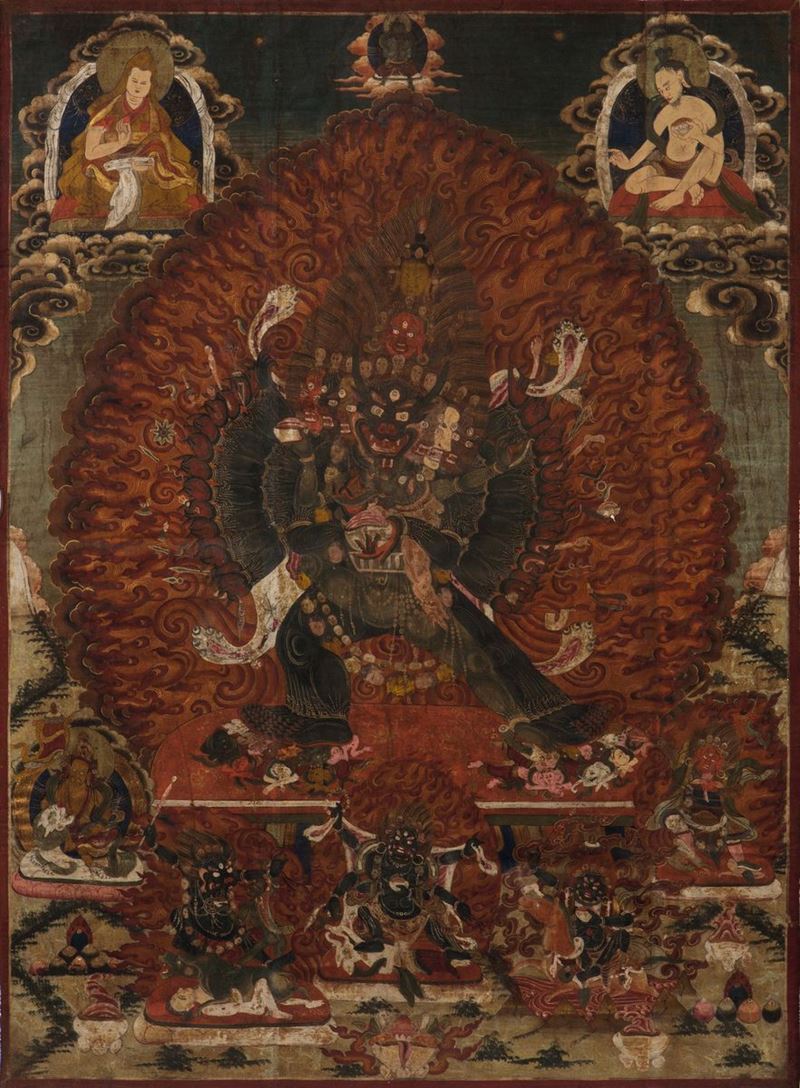 Tanka incorniciato raffigurante nove divinità, Tibet, XVIII secolo  - Asta Fine Chinese Works of Art - Cambi Casa d'Aste