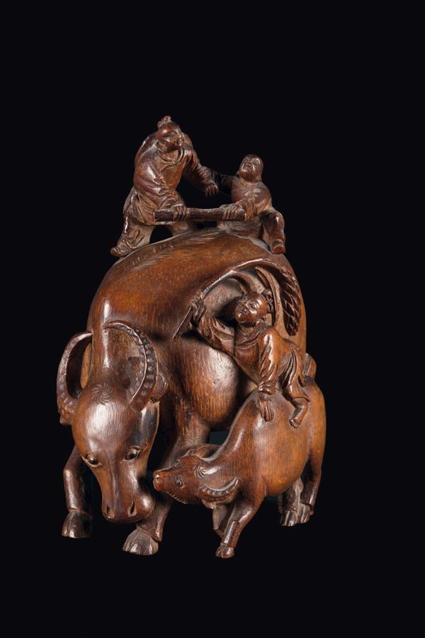 A carved bamboo child and buffalo group, China, Qing Dynasty, 18th century